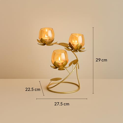 Image of MARKET 99 Metal & Glass 3 Votive T-Light Holder Lotus Shape | Golden Decorative Candle Holder for Diwali, Christmas, Birthday & Wedding | Elegant Home & Living Room Decor for Festive Celebrations