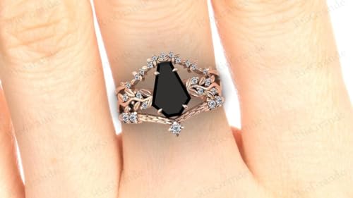Generic Vine Leaf Vintage 1 CT Coffin Shaped Black Onyx Engagement Ring Set Yellow Rose White Gold Art Deco Black Onyx Wedding Ring Set Bridal Anniversary Ring Set Antique Unique Promise Rings Sets3