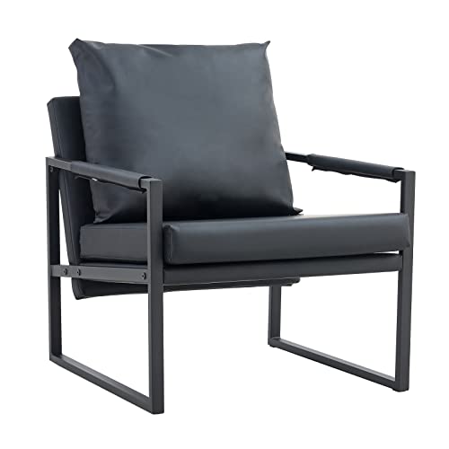 Accent Chairs Set Of 2, Mid Century Modern Accent Chair, Metal Frame And Leather Armchairs Side Chair, Lounge Reading Comfy Arm Chair For Living Room, Bedroom, Office (Black) #TOP7