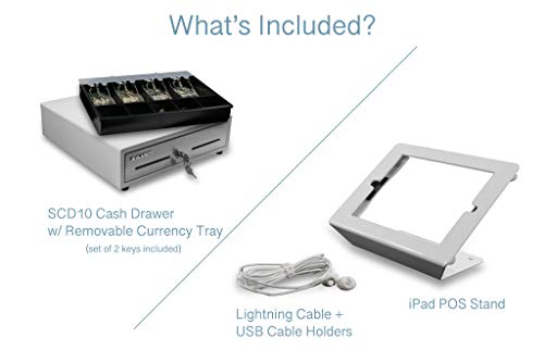 Silver by AB SCD10 Point of Sale (POS) Register Bundle - Stand for 9.7\" iPad w/Rotary Plate & White 13\" Cash Drawer: Removable 4 Bill / 5 Coin Money Tray, 2 Media Slots, Manual & Electronic Open