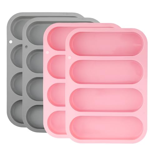 TAICHEUT 4 Pack 6 Inch Hot Dog Bun Pan, Silicone Hotdog Bun Mold, Roll Baking Pan for Hotdog Buns Rolls Cake Mini Baguettes, Pink and Blue