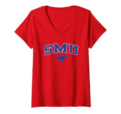 Womens SMU Mustangs Womens Arch Over Red Officially Licensed V-Neck T-Shirt