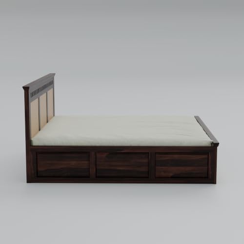 Image of Sheesham Wood Queen Size Bed with Storage Wooden Double Bed Cot Palang Furniture for Bedroom Living Room Home Hotel (Walnut Finish) 1 Year Warranty