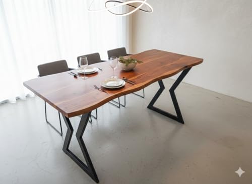 Image of REDWOOD Wooden 4 Seater Dining Table Only | 57x24 Inch Rectangular Live Edge Dinner Table Without Chairs for Home, Office, Hotel, Restaurant & Cafeteria | Natural Finish & Black Metal Base Legs