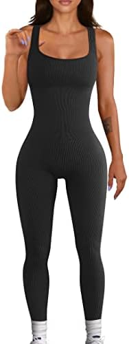 OQQ Women's Yoga Ribbed One Piece Tank Tops Rompers Sleeveless Exercise Jumpsuits Black
