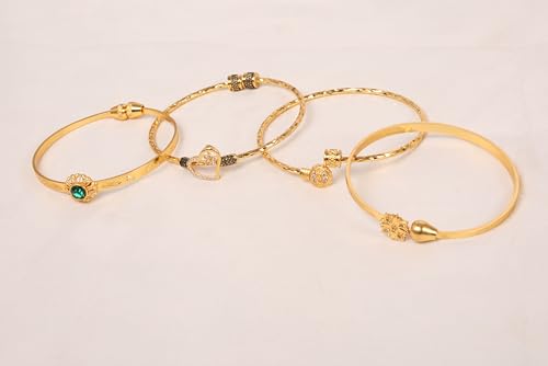 Image of Touchstone Indian Bollywood Handcrafted Engraved Etched Floral Round Rhinestones Cubic Zirconia CZ Designer Jewelry Openable Elegant Gold Plated Bracelets Combos for Women