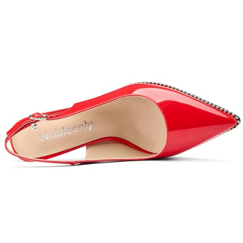 Image of NobleOnly Slingback Beaded Pumps for Women High Stiletto Heel Pointed Toe Slip-on Dress Sandals Adjustable Buckle Rhinestone Patent Leather 3.9 Inches Heels