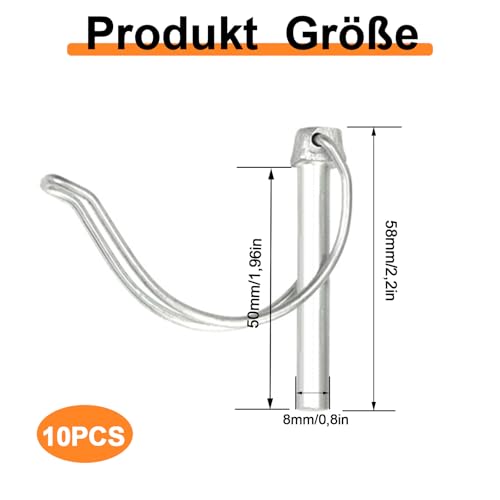 sinzau Rohrklappsplinte, 8 x 50mm mit Rastverschluss,10 Stück Edelstahl Klappsplint,Splint, Sicherungsstift,für Bauernhof Rasen Garten, Silber