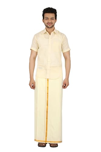 Image of PRAKASAM COTTON -Welcro pocket dhoti for mens /Jari border welcro pocket Stitched Dhoti for Mens