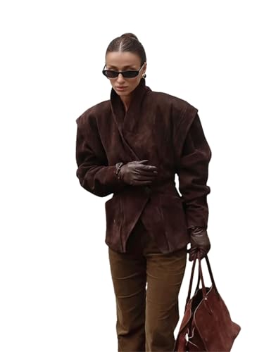 Women Solid Waist Cinching Blazer Shoulder Pads Lapel Single Breasted Long Sleeves Jackets Casual Street Outerwear
