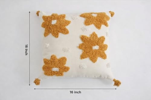 Image of Cushion Cover Pack of 2 (16x16 Inches) | Cotton Textured Decorative Throw Pillow Case for Sofa Bed Living Room Tufted Cushion Cover with Tassels (YellowFLR)