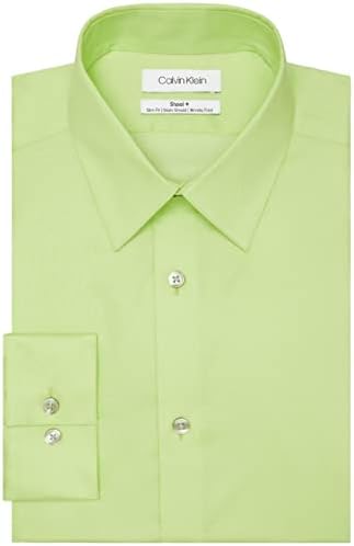 Calvin Klein Men's Dress Shirt Slim Fit Herringbone Stretch, Chartreuse,  14.5