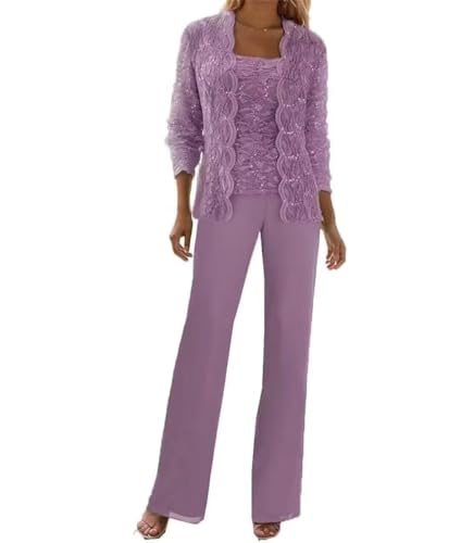 Image of 3 Pieces Chiffon Lace Mother of The Bride Pant Suits with Jackets Sequins Wedding Guest Dresses for Women
