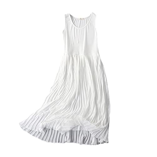 Ym Youmu Women Chiffon Cami Under Dress Extender Camisole Full Slip Pleated Patchwork Tank Dress (Style 02-White, One Size) #TOP6