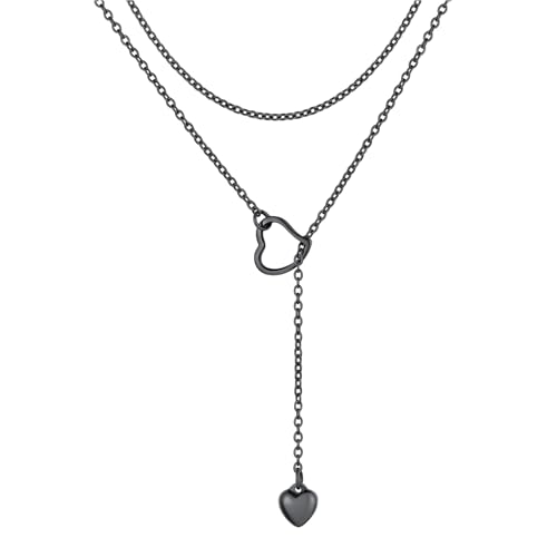 ChainsPro Halskette Damen Lariat Lange Halskette mit Anhänger Stab/Herz 73/80cm Y-Halskette Collier Edelstahl/18k vergoldet/schwarz Modeschmuck Accessoire für V-Ausschnitt Pullover Kleid