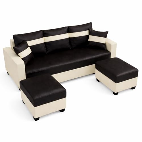 Image of SOCOZI Bastian 5 Seater L Shape Sofa Set with 2 Movable Ottomans | Flexible Layout | Premium Leatherette with Golden Metal Legs |Sofa for Living Room (Black-Cream) | Breathable Material