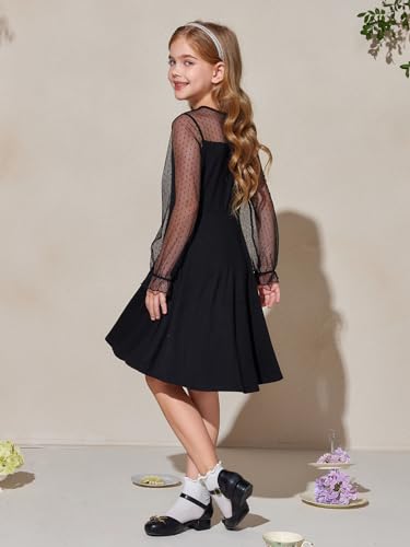 Haloumoning Girls Contrast Mesh Long Sleeve High Waist A Line Short Dress with Pockets 4-14 Years3