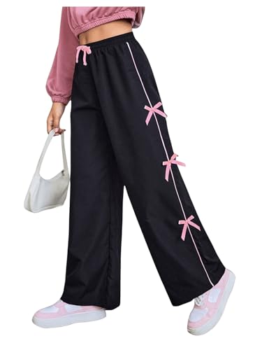 WDIRARA Girl's Bow Side Waist Track Pants Cute Wide Leg Trousers