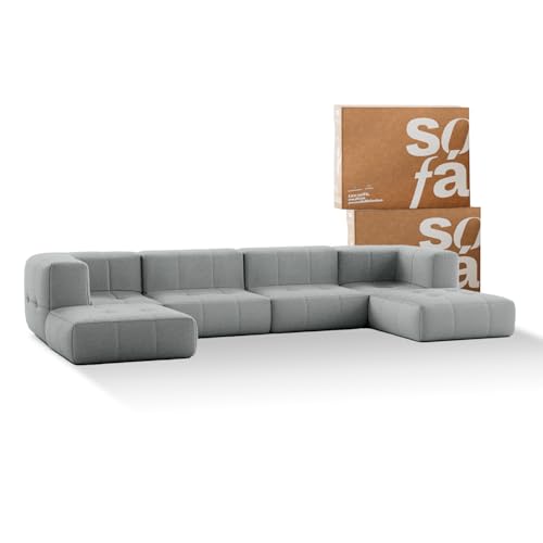 Sofá 4 lugares Modular com 2 Apoios (Puff) - Sofá na Caixa em Boucle com 6 Módulos 3,44m (Cinza)