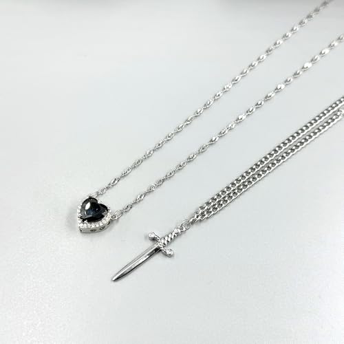 Personality Red Zircon Love Heart Dagger Pendant Necklace for Women Jewelry Gothic Sword Layered Necklace for Couple3