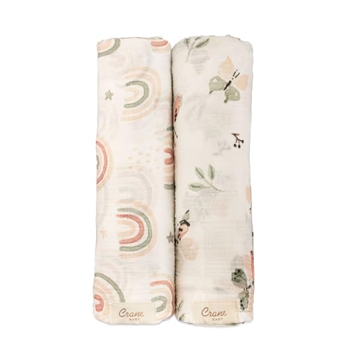 Image of Crane Baby 100% Cotton Muslin Swaddle Blankets, Butterfly/Rainbow, Baby Swaddle Blanket, Set of 2, 47" x 47", Swaddles for Newborns, Baby Muslin Swaddle Blanket, Swaddle Blankets for Boys & Girls