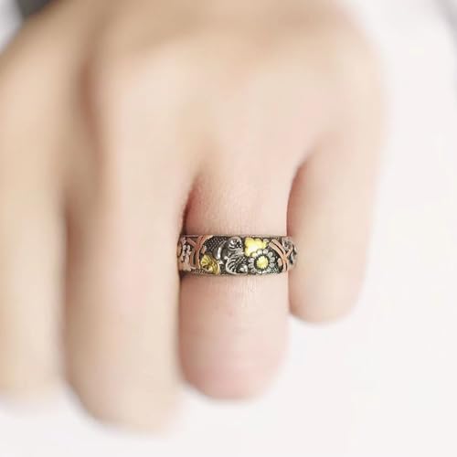Vintage Silver and Rose Gold Color Carved Dragonfly Sunflower Ring, Unique Metal Hammered Lotu Leaf Flower Rings Women Engagement Party Ring Jewelry4