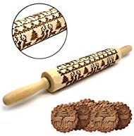 16.99" 43cm Christmas Embossing Rolling Pin Baking Cookies Biscuit Fondant Cake Dough Reindeer Snowflake Engraved Roller(Deep Print)