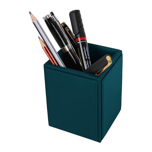 Image of V-CUBE DESIGNS Premium Vegan Leather Pen Holder for Desk & Study Table Accessory | Marker /Pencil Stand for Student | Stationery Organizer for Office Table & Home | 6mm Thickness with MDF Core |Teal