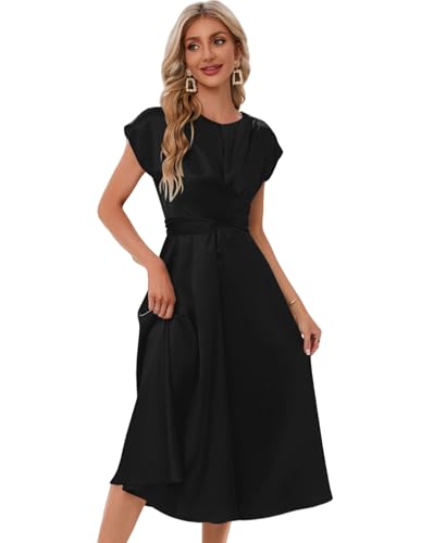 Image of Women's Summer Satin Dress Elegant A-Line Cap Sleeves Tie Waist Flowy Midi Dress Cocktail Wedding Guest Dress