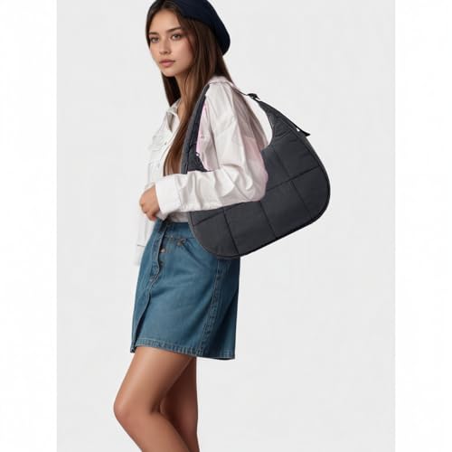 Small Puffer Crescent Shoulder Bag for Women Nylon Quilted Purses Bag with Adjustable Strap2