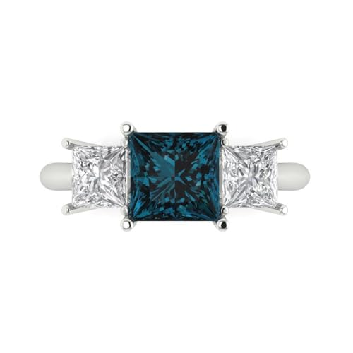Clara Pucci 3.1 Princess Cut 3 Stone Solitaire W/Accent Natural London Blue Topaz Art Deco Bridal Wedding Statement ring 18K White Gold