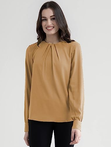Image of Classic Crew Neck Front Pleat Detail Women Plain Top with Long Sleeves for Office, Casual, Top for Women /Girls Tops