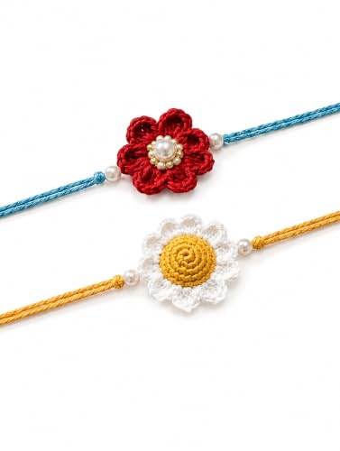 Image of Handmade Crochet Floral Rakhi Set | Cotton Thread Bracelet with Pearl Accent | Designer Raksha Bandhan Gift Combo (Pack of 2)