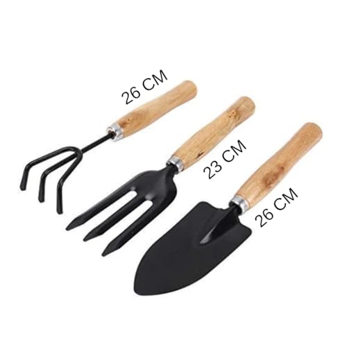 Image of Gardening Tools Kit with Wooden Handle - 3-Piece Set with Cultivator, Trowel & Shovel | Essential Gardening Tools for Planting, Farming & Agriculture