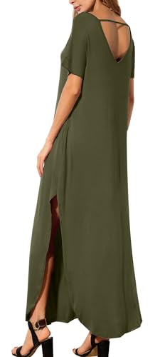 Image of GRECERELLE Women's Summer Maxi Dress Casual Loose V Neck Short Sleeve Side Split Long Dresses with Functional Pockets