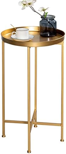 HollyHOME Small Round Metal Waterproof End Table, Accent Indoor&Outdoor Coffee Side Table, Snack Sofa Table for Living Room, Anti-Rust Decorative Plant Stand, (D) 14.5" x (H) 25", Golden