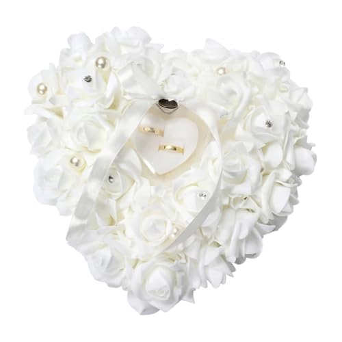 Greensen Oreiller à Anneaux de Mariage en Forme de Cœur, Coussin pour Cérémonie de Mariage, Boîte à Anneaux Décorative Élégant et Romantique pour...