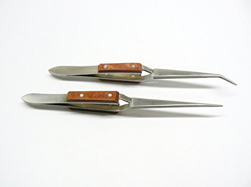Cross Lock Tweezers Self Closing Fiber Grip 6-1/2" Set Of 2 Bent & Straight Tip (E2) #TOP5