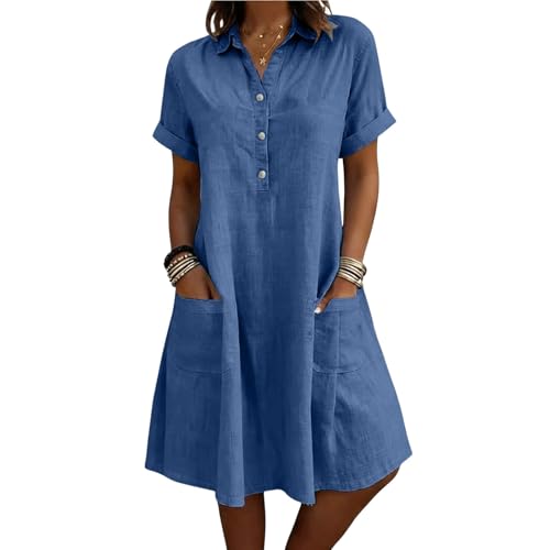 Vestidos Verano Mujer de Algodón y Lino Manga Corta con Botones para Fiesta Playa Cómodo Transpirable Primavera Verano Vestido Casual Elegante Talla Grande Vacaciones y Uso Diario