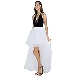 Preferhouse Women High Low Tulle Skirt Puffy Mesh Net Lace Overlay Skirt Wedding Birthday Prom Party Maxi Dress, White