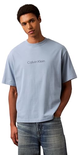 Calvin Klein Men's Short Sleeve Relaxed Standard Logo Crewneck Tee, Faded Denim, Small