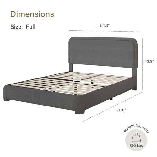 Image of BarnFurin Full Bed Frame, Cloud Boucle Headboard, Rounded Corners, Grey | Soft boucle and rounded edges create a low-profile cloud look. Wooden slats support the mattress without a box spring