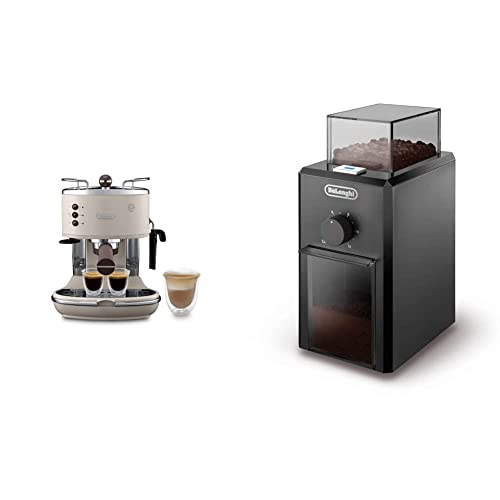 DELONGHI Vintage Icona Traditionnelle Barista Pompe Espresso Machine, Crème & KG79 Moulin à Café Electrique, Broyeur pour Grains de Café avec Réservoir d'une Capacité de 120 g, 110 W, Noir