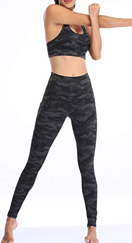 Oalka Women Yoga Pants Workout Running Leggings Outside Pockets Multi Camo Grey L #TOP5