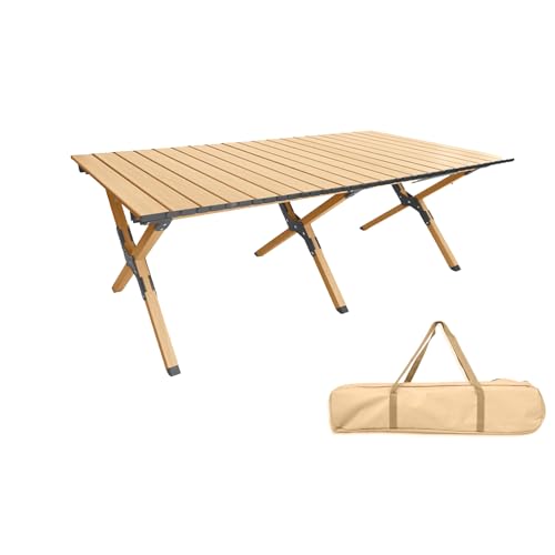 Folding Camping Table, Roll-Up Folding Table with Carry Bag, Portable Aluminum Picnic Table, Low Height Beach Table for Outdoor Use, Travel, BBQ & Hiking, Easy Assembly (Natural)
