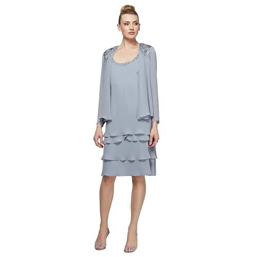 Image of S.L. Fashions Women's Mother of The Bride Tiered Jacket Dress with Shoulder Embellishment