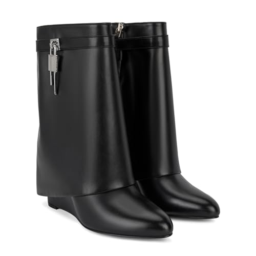 Women Fold Over Wide Mid-calf Boots Platform Wedge Heel Round Toe Faux Leather Pull On Shark Booties with Padlock Short Boots2