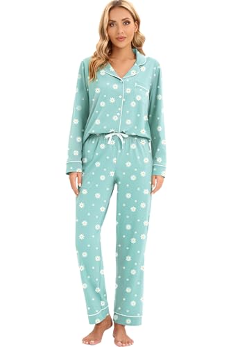 Image of LUBOT 100% Cotton Pajamas for Women Pajama Set 2 Piece PJ Sleepwear Set Soft Ladies Button Knit Long Sleeve Loungewear XS-XXL