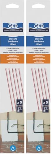 GEB Baguettes de cuivre/phosphore pour brasage Fort. S'utilise sur tuyauteries d'installations sanitaires, de Chauffage… - 5 Baguettes (Lot de 2)