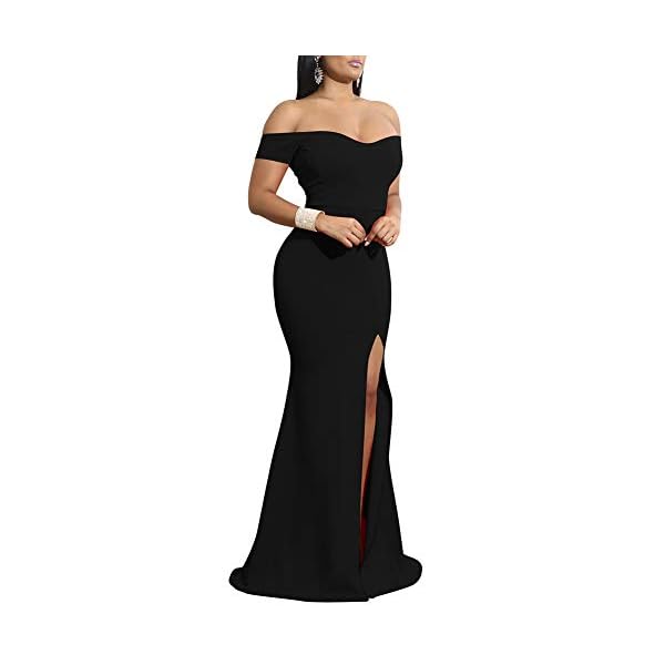 YMDUCH Womens Off Shoulder High Split Long Formal Party Dress Evening Gown Black